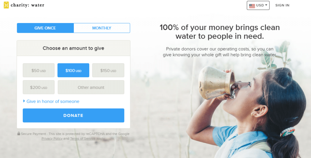 donation form with little girl drinking cup of water