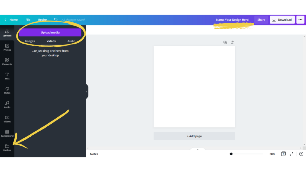 image of canva homepage with circle on folders