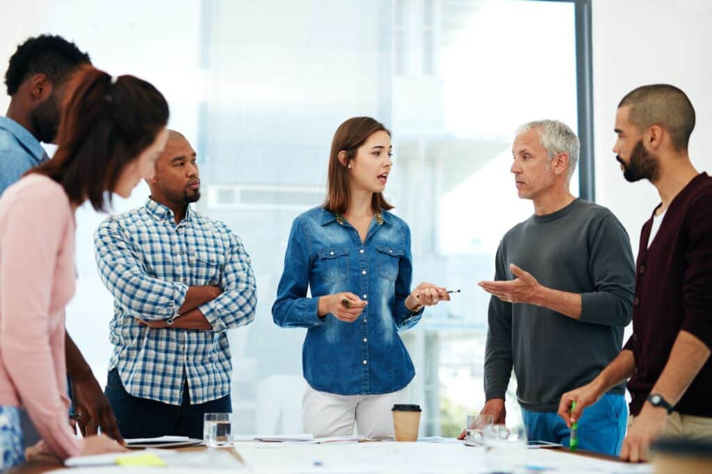 a group of people talking